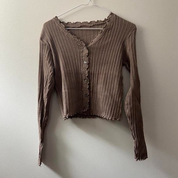 Cute Ribbed Cardigan Slim Fit Lettuce Trim Brown Color Indie Aesthetic - Picture 1 of 3